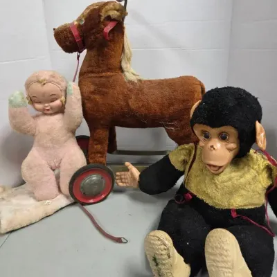 Vintage Expert Toy Ride On Horse, Pink Face Baby, Zippy the Monkey Doll