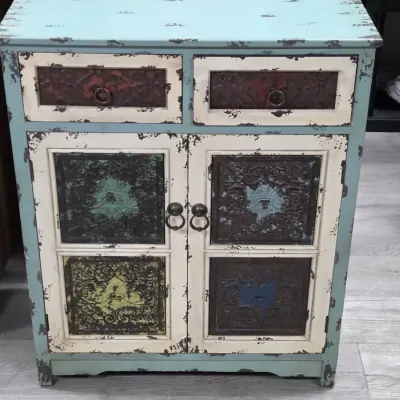 Wood Cabinet With Metal I Seet And Drawers