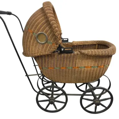 Vintage Wicker, Wood And Cast Baby Doll Carrier 