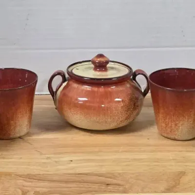 Glazed Pottery Cups With sugar Bowl