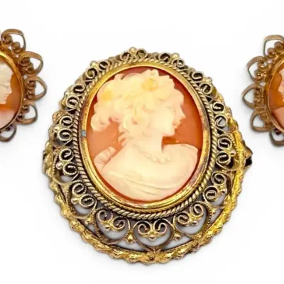 800 Silver Filigree Brooch With Gold Filled Cameo Earrings