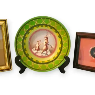 Metal Bunny Plate With Stand, Swan Cross Stitch, & Chessie Cat Print