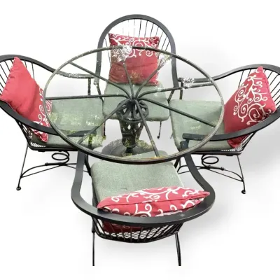 Iron Table With Glass Top And Iron Chairs With Cushions & Pillow