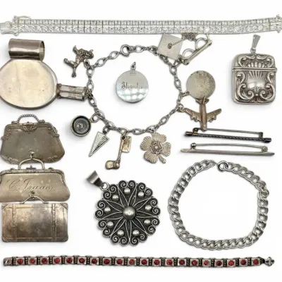 Sterling Silver Matchstick Holder Pendant, Charm Bracelet, And More (141g Total)