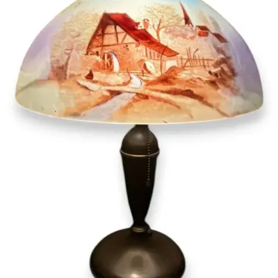Antique Pairpoint Style Table Lamp w/ Painted Landscape 