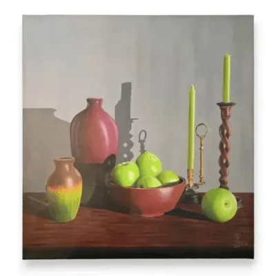 Apples, Candles, & Vases 24" X 24" Still Life Painting Signed