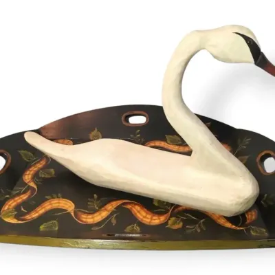 Hand Carved Wooden Swan And Large Hand Painted Tray