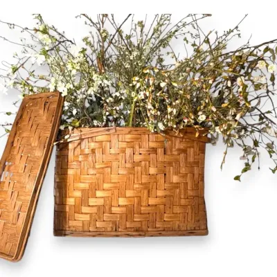 Woven Split Wood Basket With Removable Lid And Flowers