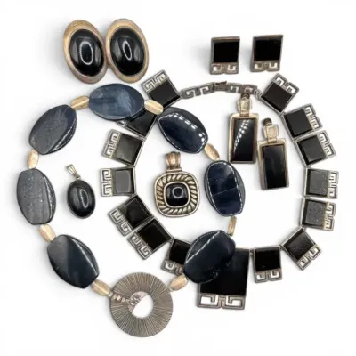 Sterling Silver Necklaces, Earrings, & Pendants With Black Stones (238g Total)