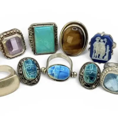 Sterling Silver Rings - Wedgwood, Egyptian Revival, Tigers Eye, & More (83g Total)