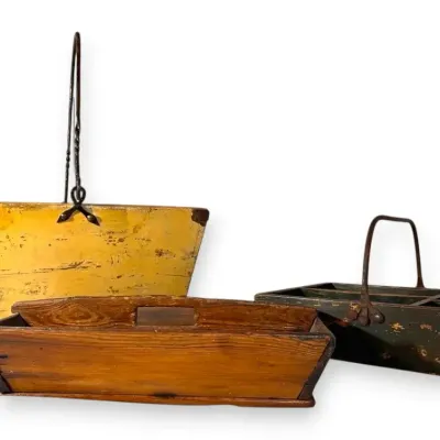 Antique Wooden Tool Caddy, Grain Basket, & Storage Tray