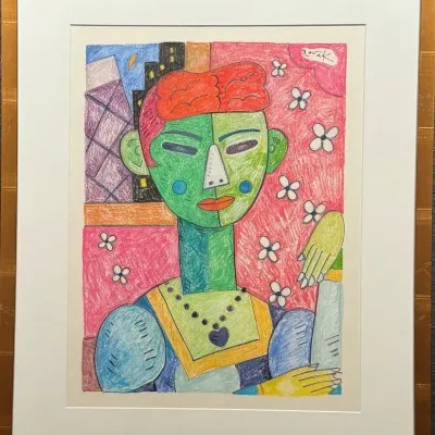 Cubist Style Woman Portrait by Novak – Colorful Abstract Framed Artwork