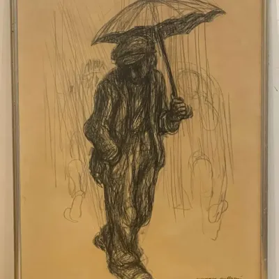 “Man with Umbrella” by Gemmaro Gullumi – Signed 1968 Figurative Artwork