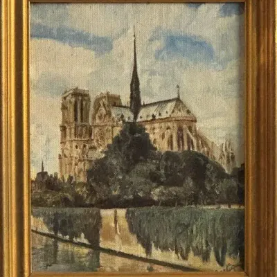 Notre Dame Cathedral Painting – Signed (Artist Unclear) Paris Scene