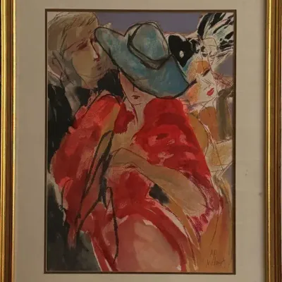 Vintage 1968 Expressionist Lithograph “Woman with Hat” by Niza Flanz Framed Figurative Print (Signed