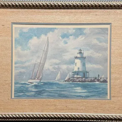 Coastal Nautical Print – Sailboat and Lighthouse by H.E. Sooerberg – Framed