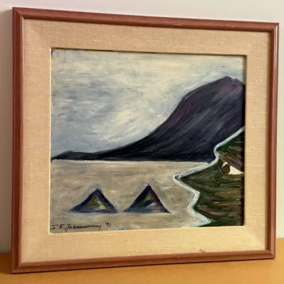 Modern Coastal Landscape Painting – Sea and Mountain Scene – Unknown Artist