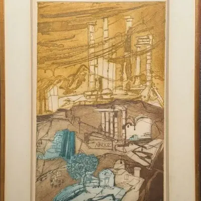 “Lindos, Greece” Lithograph by Mary Gehr – Framed Coastal Print