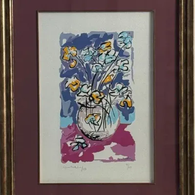 Floral Lithograph – Signed (Artist Signature Unclear) Framed Print