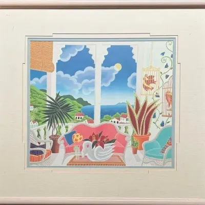 Naïve Style Interior Window Scene Print – Colorful Decorative Artwork