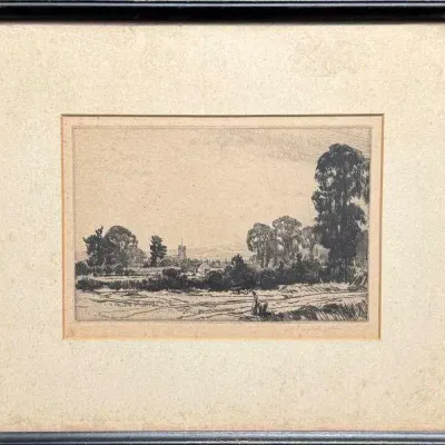 “Castle View” Etching by Malcolm Osborne – Vintage Framed Landscape Print