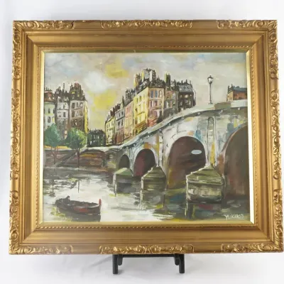 Framed Paris Bridge Cityscape Oil Painting Signed “Yukiko”
