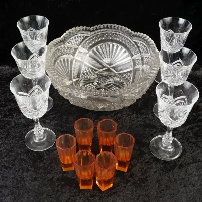 Vintage Crystal Serving Bowl with Stemware and Amber Shot Glasses Set