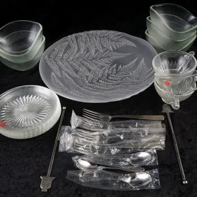 Hoya Crystal Frosted Fern Glass Platter, Noritake Cups, & Japanese Flatware Collection