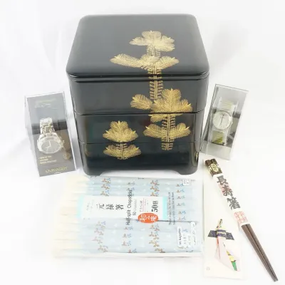 Japanese Black Lacquer Jubako Bento Box Set with Watches and Chopsticks