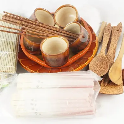 Japanese Dining Set with Wooden Utensils, Bamboo Sushi Mats, Ceramic Cups and Plates