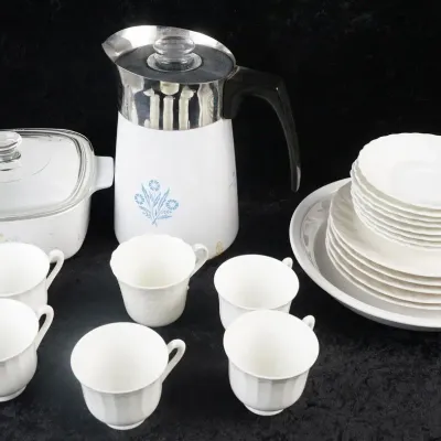 Mixed Vintage Kitchenware with Noritake Bone China, Narumi Cups, Corning Ware & Coffee Carafe