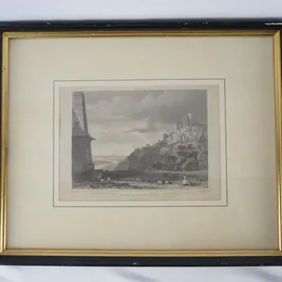 Framed Ruins of Drachenfels Etching Print by J. Smith Landscape Artwork