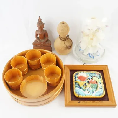 Asian Decor Assortment Including Wooden Sake Set, Buddha Figure & Framed Ceramic Art