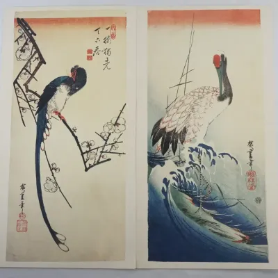 Pair Of Hiroshige Utagawa Ukiyo-E Kachō-E Prints – 1980s Reproductions