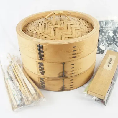 Japanese Bamboo Steamer Set with Decorative Chopsticks & Cloth Napkins