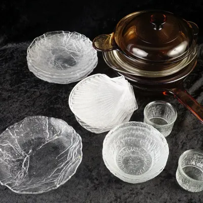 Vintage Corning Vision Amber Glass Cookware with Clear Glass Plates and Bowls Set