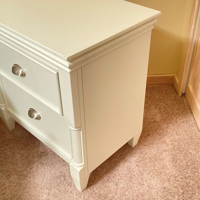 LOT 73: White Bed Frame with Magnussen Home Night Stand / Table