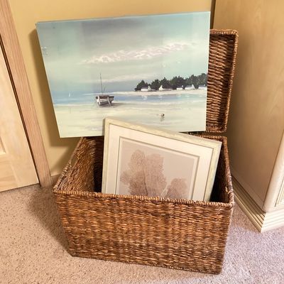 LOT 76: Wicker Storage Chest with Pair of Wall Hangings - Nautical Oil Painting and More