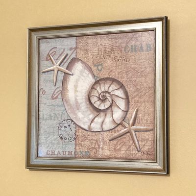 LOT 72: Beach / Shell Themed Decor - Wall Hangings, Seagrass Oval Storage Basket, White Wicker Tissue Box Cover, Mirrored Vanity Tray