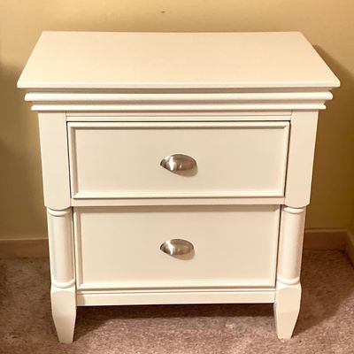 LOT 73: White Bed Frame with Magnussen Home Night Stand / Table
