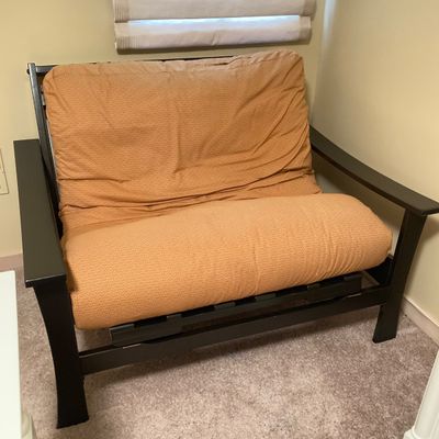 LOT 74: Black Wooden Folding Twin Size Futon with Mattress and Accent Pillows
