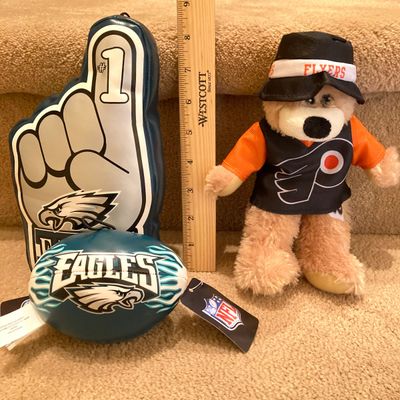 LOT 67: Philadelphia Sports Memorabilia - Vintage Eagles Construction Helmet, Metal Trash Can, Pair of Drinking Glasses, Flyers Plush and...