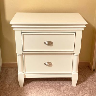 LOT 73: White Bed Frame with Magnussen Home Night Stand / Table