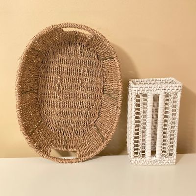 LOT 72: Beach / Shell Themed Decor - Wall Hangings, Seagrass Oval Storage Basket, White Wicker Tissue Box Cover, Mirrored Vanity Tray