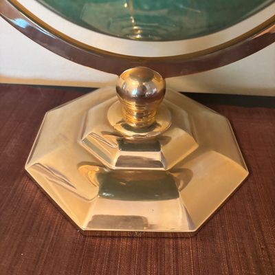LOT 84: Gold Brass Tabletop World Globe w/Gemstone Inlay, World Globe w/ Inlay Gemstone Paperweight & Miksa Picture Frame