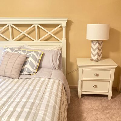 LOT 73: White Bed Frame with Magnussen Home Night Stand / Table