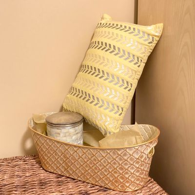 LOT 71: Home Decor - Inspirational Wall Art, Mother of Pearl Canister, Accent Pillow and Gold Tone Basket
