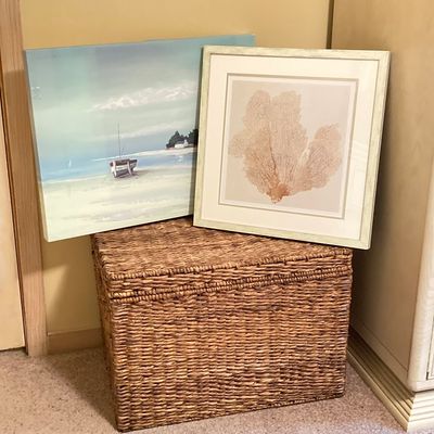 LOT 76: Wicker Storage Chest with Pair of Wall Hangings - Nautical Oil Painting and More