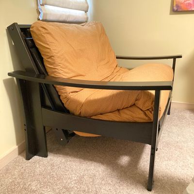 LOT 74: Black Wooden Folding Twin Size Futon with Mattress and Accent Pillows