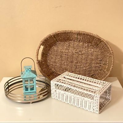 LOT 72: Beach / Shell Themed Decor - Wall Hangings, Seagrass Oval Storage Basket, White Wicker Tissue Box Cover, Mirrored Vanity Tray